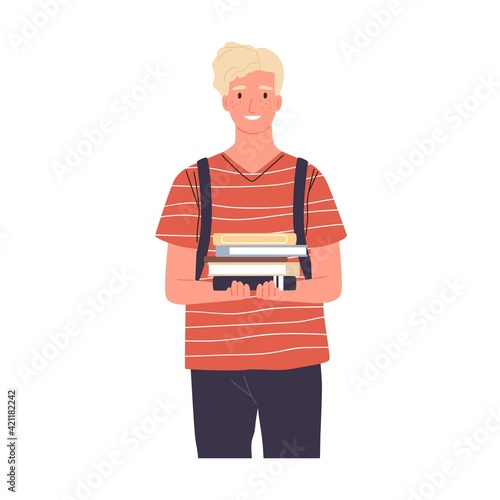 Portrait of happy modern student holding pile of books from library. Smiling Scandinavian man. Colored flat vector illustration of young smart guy isolated on white background