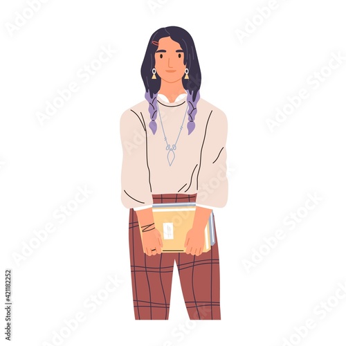 Portrait of modern college student with books. High school pupil holding textbooks in hands. Colored flat vector illustration of trendy teenager isolated on white background