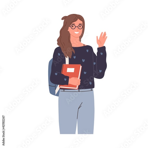 Happy school pupil or college student standing with book. Portrait of smiling woman waving with hand. Smart schoolgirl with textbook. Colored flat vector illustration isolated on white background
