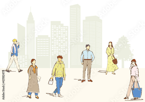 都市風景と若者