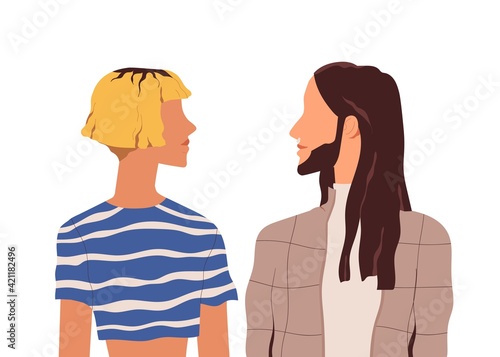 Couple of modern people isolated on white background. Portrait of woman with bob cut and long-haired man. Friends standing face to face. Colored flat vector illustration of two young friends