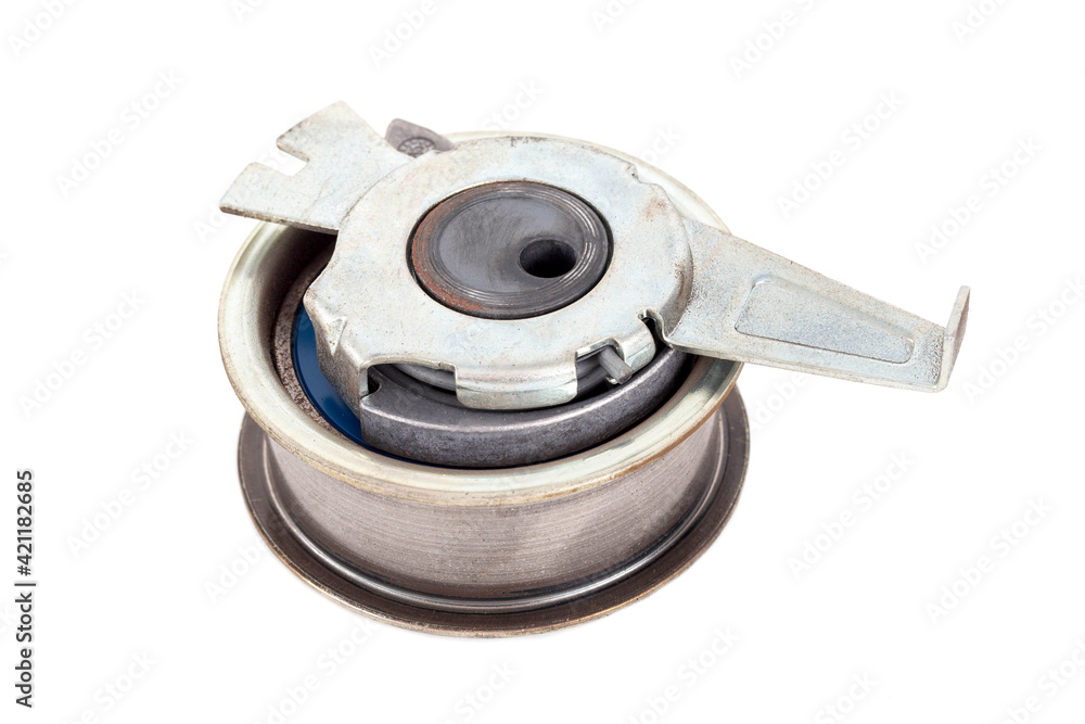 Defective used car timing belt tensioner on white background, isolate. Close-up Defective used car timing belt tensioner on white background, isolate. Close-up