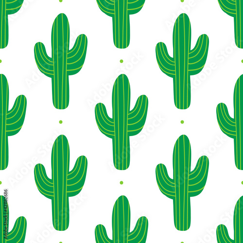 Cute cartoon style green cactus and dots vector seamless pattern background.