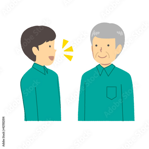 Two staff in work clothes : conversation