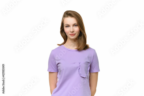 Portrait of young happy woman smiling and looking at camera, wearing in casual t shirt