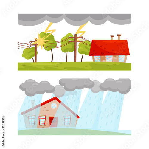 Destructive Weather Condition and Natural Cataclysm with Thunderstorm and Hailstorm Vector Set