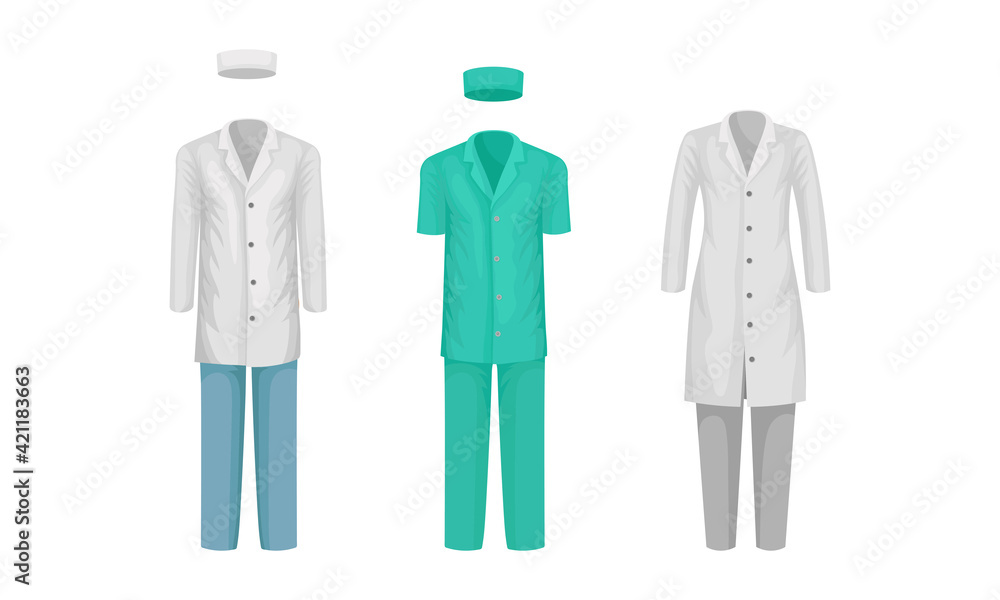 Workwear or Professional Staff Clothing with Nurse and Doctor Outfit Front View Vector Set Workwear or Professional Staff Clothing with Nurse and Doctor Outfit Front View Vector Set