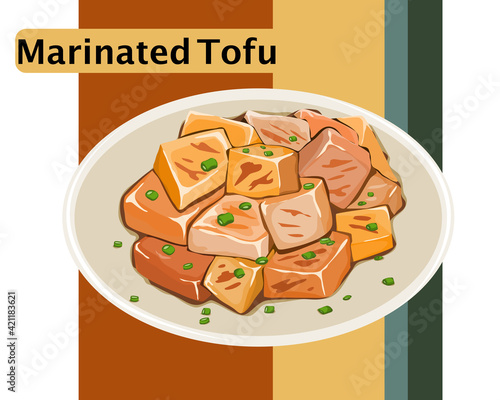 Isolated Marinated Tofu, fried tofu with sauce, maple syrup, sesame oils and garlics .Close up top view asian  food vector illustration on colorful retro background.  
