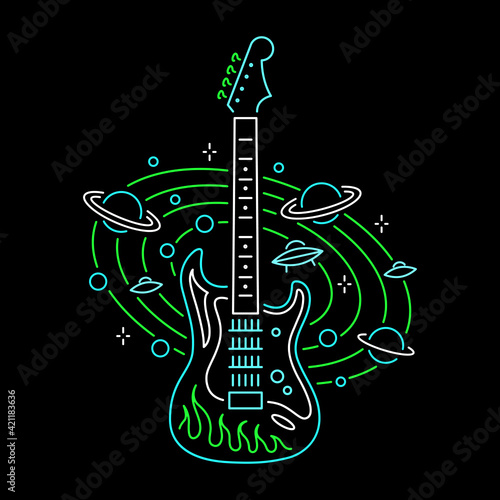 MUSIC UNIVERSE GUITAR WITH PLANETS NEON BADGE COLOR BLACK BACKGROUND