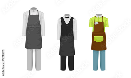 Workwear or Professional Staff Clothing with Chef and Waiter Outfit Front View Vector Set