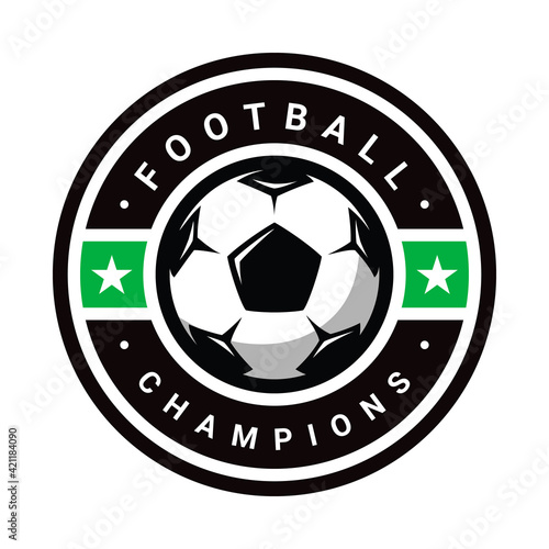 Football logo in flat style. Soccer ball. Sport games. Emblem, badge. Vector illustration, isolated on white background.