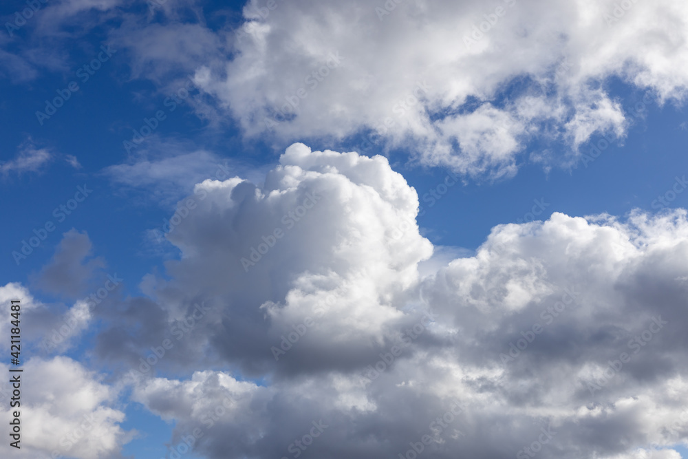 Fototapeta premium Detail of a white cloud in a bright blue sky. Dark rain clouds displace the blue sky. Storm is coming 