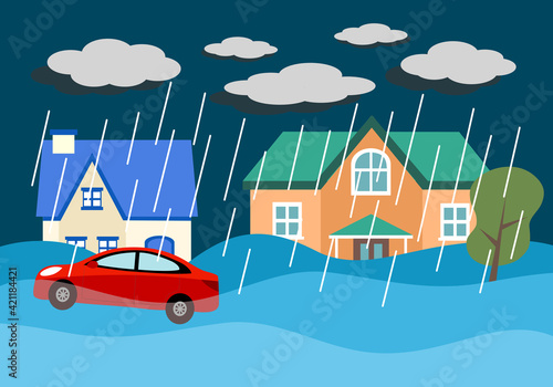 Flood disaster in village concept vector illustration. Flooding house and car under heavy rains in flat design.