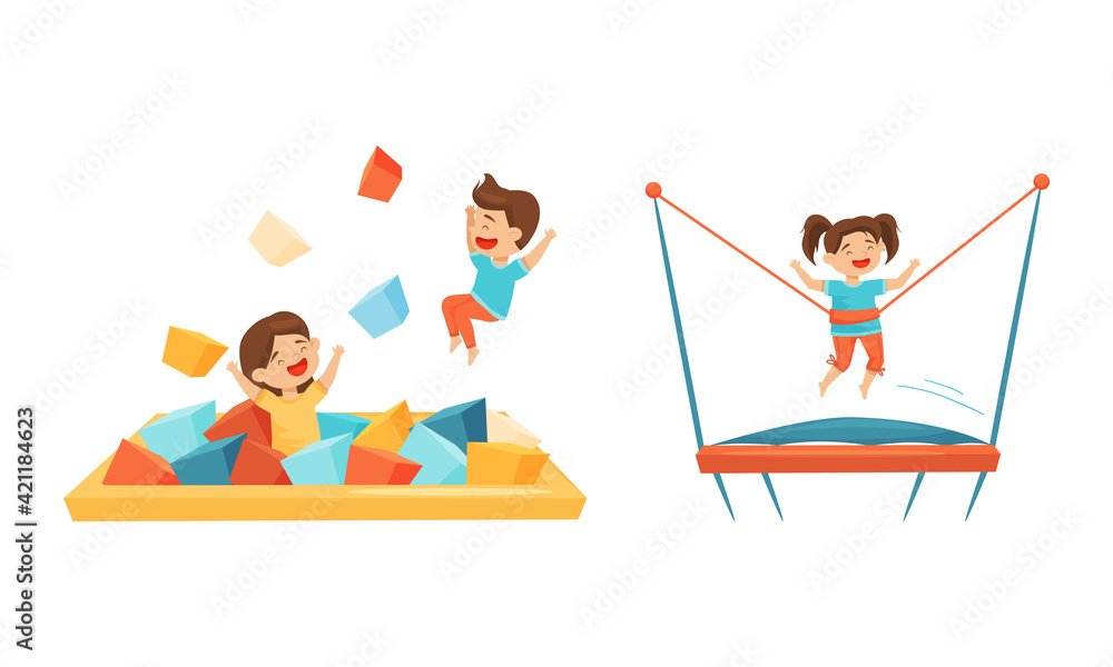 Excited Children Jumping on Trampoline Bouncing and Playing with Soft Cubes Vector Set Excited Children Jumping on Trampoline Bouncing and Playing with Soft Cubes Vector Set