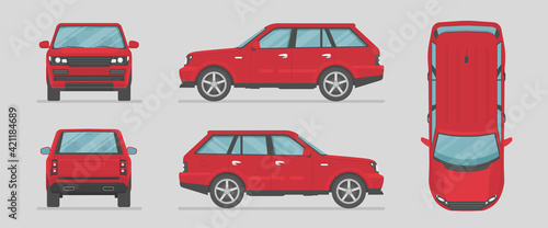 Vector SUV. Red car from different sides. Side view, front view, back view, top view. Cartoon car in flat style.