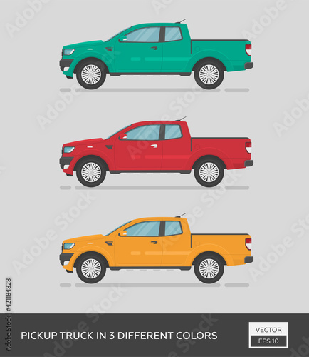 Urban vehicle. Pickup truck in 3 different colors. Cartoon flat illustration, auto for graphic and web design.
