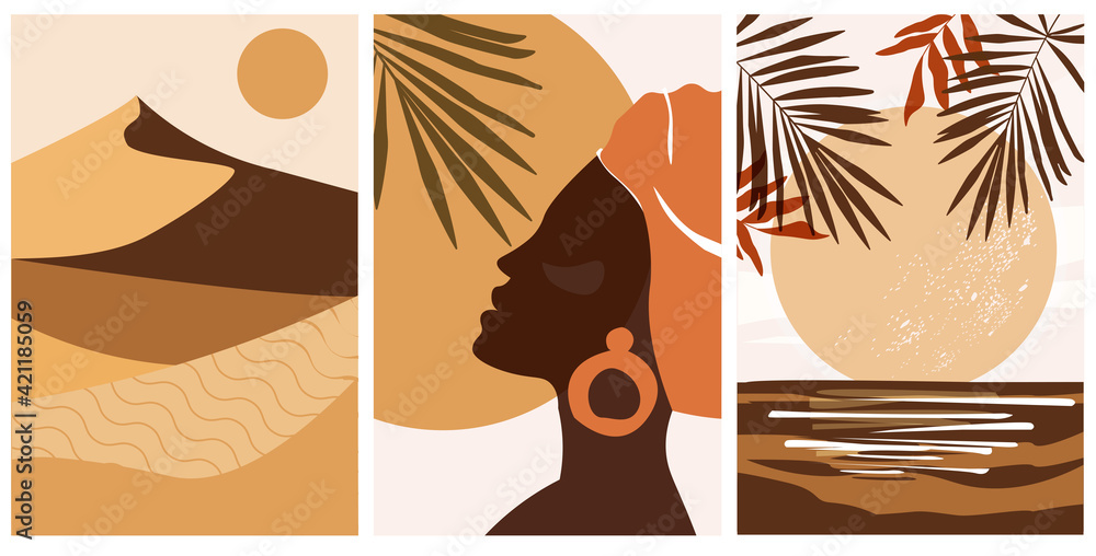A set of abstract, minimalistic artistic images. Landscape, moon on the sea, desert, mountains, afro woman in profile, boho and sun. For posters, printing, and textiles. Vector illustration.