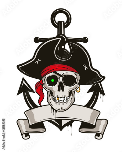 Pirate emblem with anchor and skull in a hat and eye patch. Vector hand drawn cartoon illustration isolated on white background