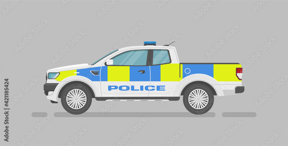 Vector pickup truck. English police car. Cartoon flat illustration, auto for graphic and web design. Side view.