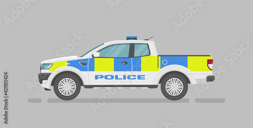 Vector pickup truck. English police car. Cartoon flat illustration, auto for graphic and web design. Side view.