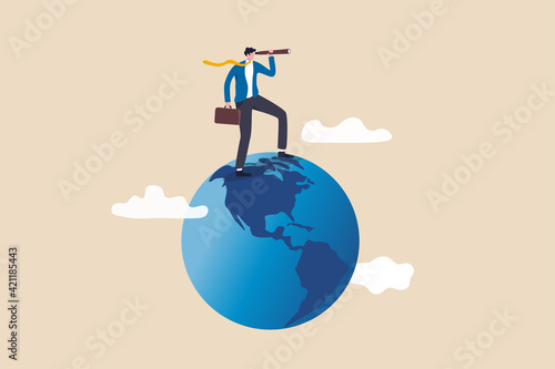 Globalization, global business vision, world economics or business opportunity concept, smart businessman standing on globe, planet earth using telescope to see vision or future opportunity.