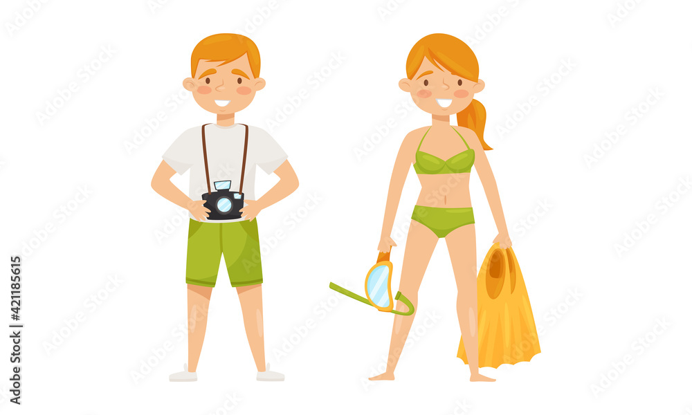 Man with Photo Camera and Woman in Swimming Suit and with Swimfin as Summer Tourists Vector Set