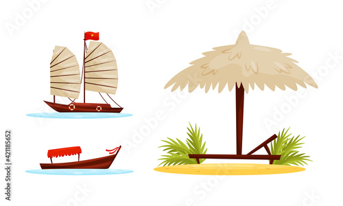 Vietnam Country Landmarks with Boat and Straw Beach Umbrella Vector Set