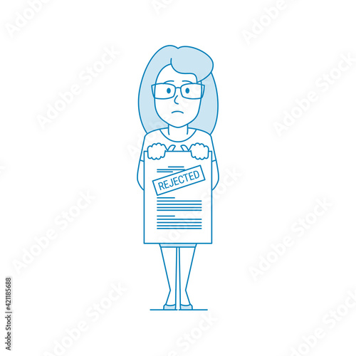 Dissatisfied woman shows a document with a rejected inscription.