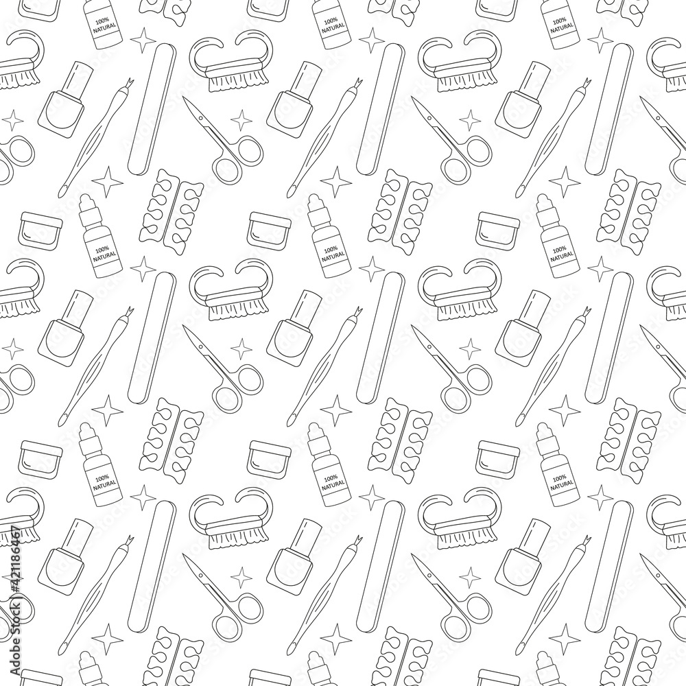 Manicure set, pattern. Seamless pattern with linear style manicure tools. Manicure set, pattern. Seamless pattern with linear style manicure tools.