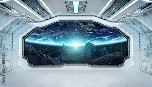 Fototapeta Naklejka Na Ścianę i Meble -  White blue spaceship futuristic interior with window view on space and planets 3d rendering