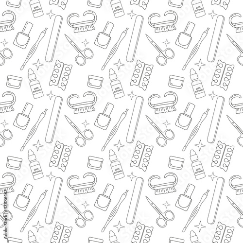 Manicure set, pattern. Seamless pattern with linear style manicure tools.