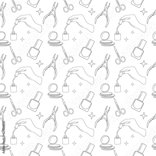 Manicure set, pattern. Seamless pattern with linear style manicure tools.