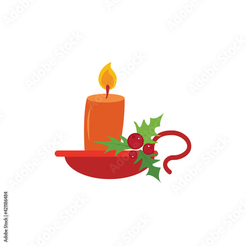 Christmas candle and holly berry. Vector illustration
