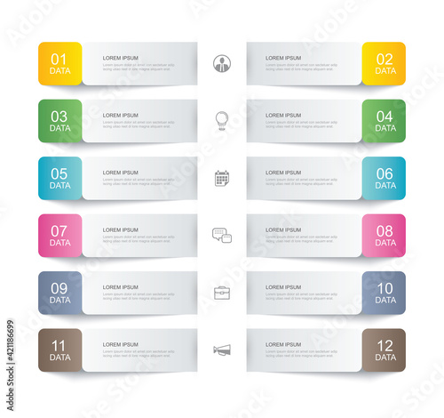 12 data infographics tab paper thin line index template. Vector illustration abstract background. Can be used for workflow layout, business step, banner, web design.