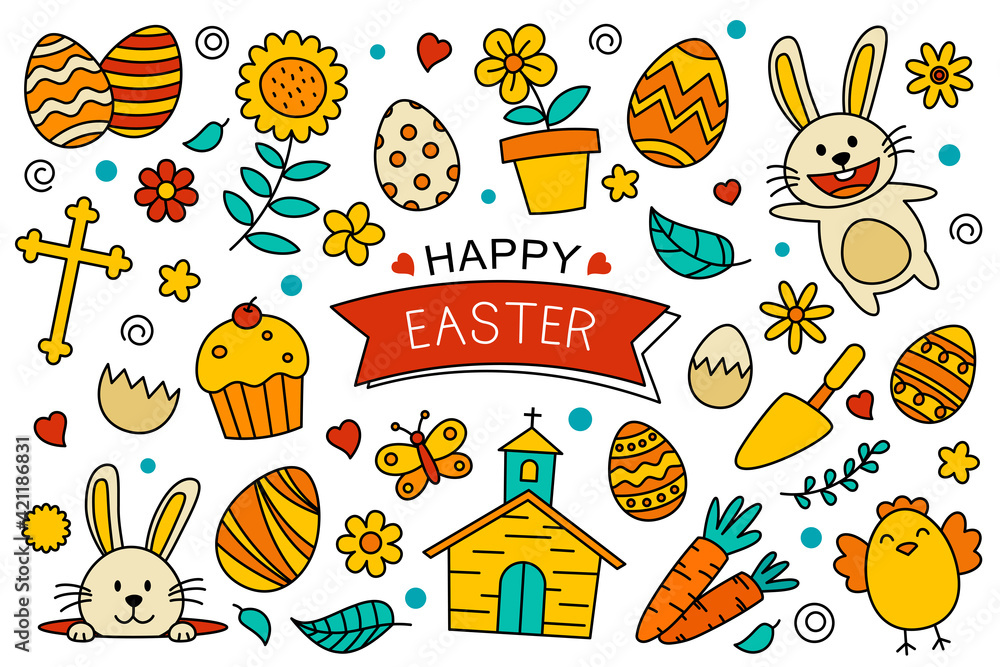 Fototapeta premium Happy easter doodle elements design. Easter set with object and decorations on white background.