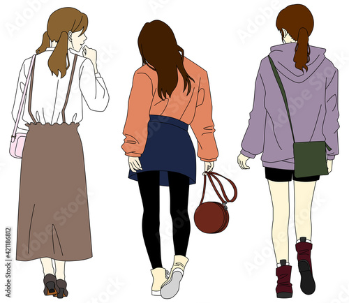 私服姿の後ろ向きの女の子3人組のイラスト