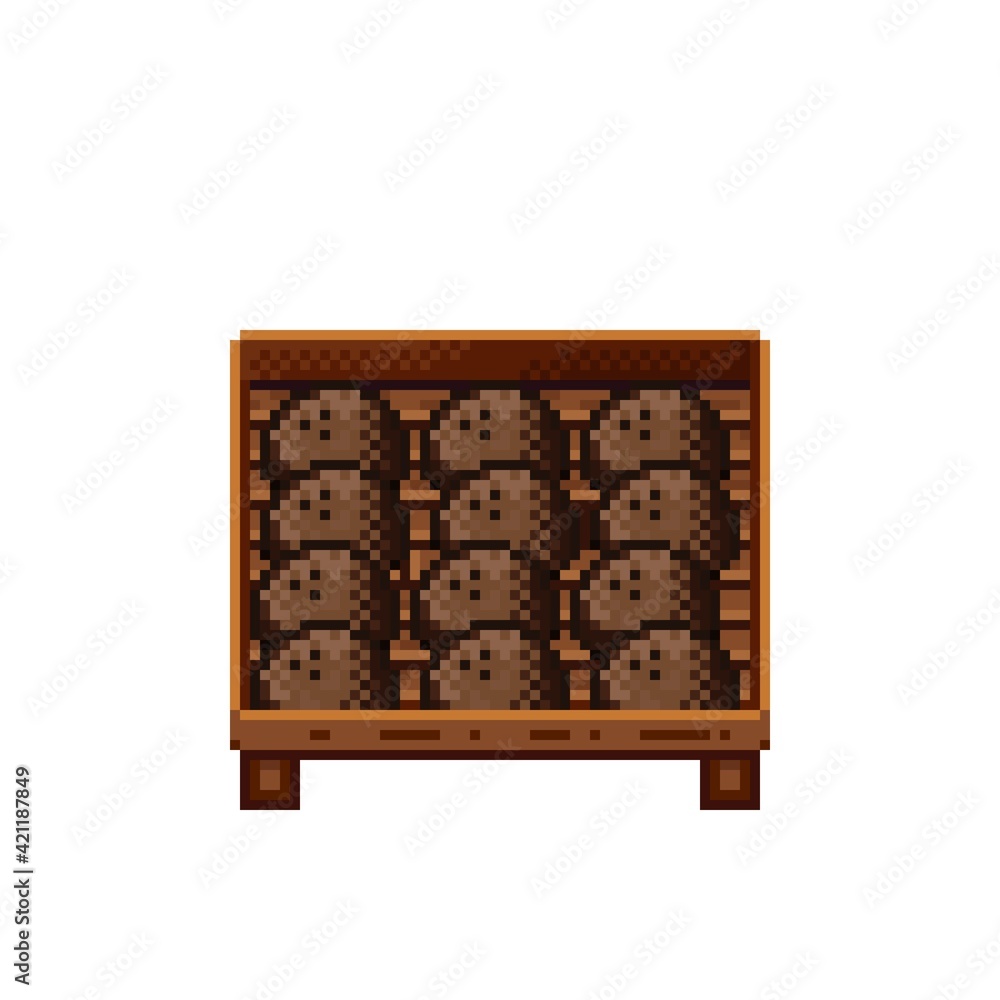 Fruit shop pixel art. Coconuts in a wooden crate. Coconut, food pixel art icon isolated on white background. Fruit stall. Showcase with Fruit waste. Vector illustration. Coconuts pixel art. Fruit shop pixel art. Coconuts in a wooden crate. Coconut, food pixel art icon isolated on white background. Fruit stall. Showcase with Fruit waste. Vector illustration. Coconuts pixel art.