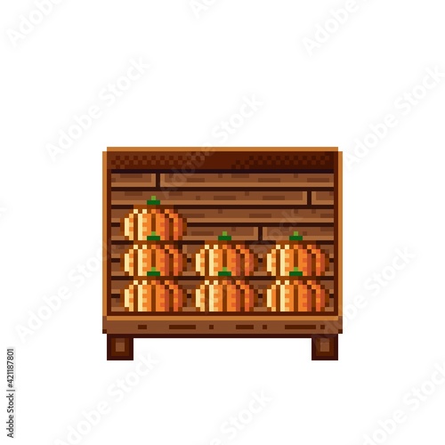 Vegetable shop pixel art. Pumpkin in a wooden crate. Pumpkins, food pixel art icon isolated on white background. Pumpkins stall. Showcase with vegetable waste. Vector illustration. Happy Halloween.