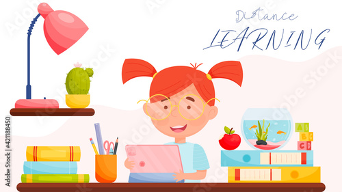 Girl with tablet sitting by the table. Distance learning. Remote learning concept. vector illustration.