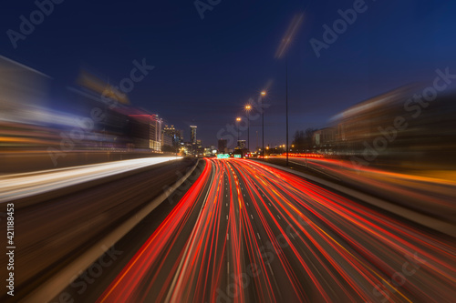 Night freeway traffic with motion blur in midtown Atlanta Georgia.