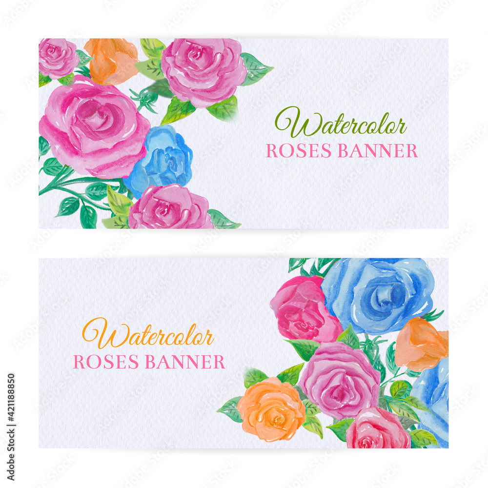 Watercolor roses banners set. Hand draw watercolor roses web banners