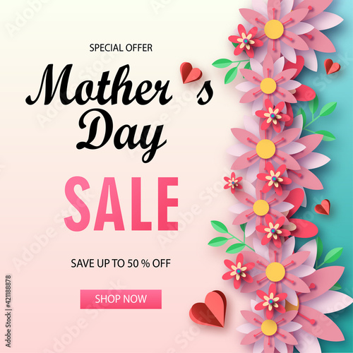 Mother s day sale banner with beautiful chamomile flowers. Paper cut style, digital craft style.