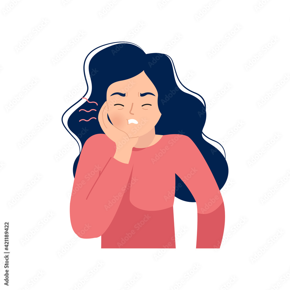 Woman holding her cheek because of toothache. Flat vector cartoon design. Woman holding her cheek because of toothache. Flat vector cartoon design.