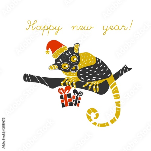 Sea life set with tarsier. Cartoon funny style. Vector illustration. New year, Christmas celebration, presents, gifts. Santa hat. 