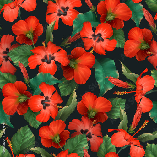 Seamless pattern of tropical red hibiscus flowers on dark background