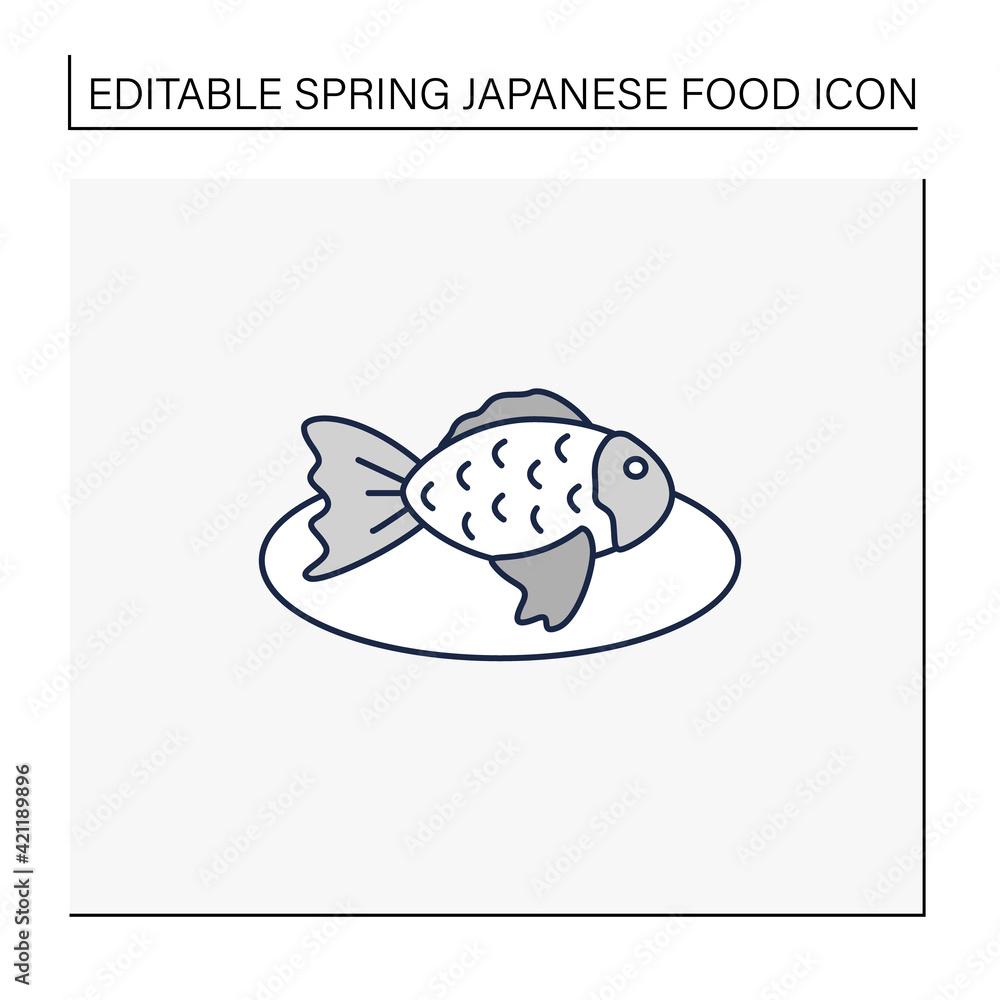 Sakura taiyaki line icon.Seasonal waffle-fish. Sweets on plate. Spring Japanese food concept. Isolated vector illustration.Editable stroke Sakura taiyaki line icon.Seasonal waffle-fish. Sweets on plate. Spring Japanese food concept. Isolated vector illustration.Editable stroke