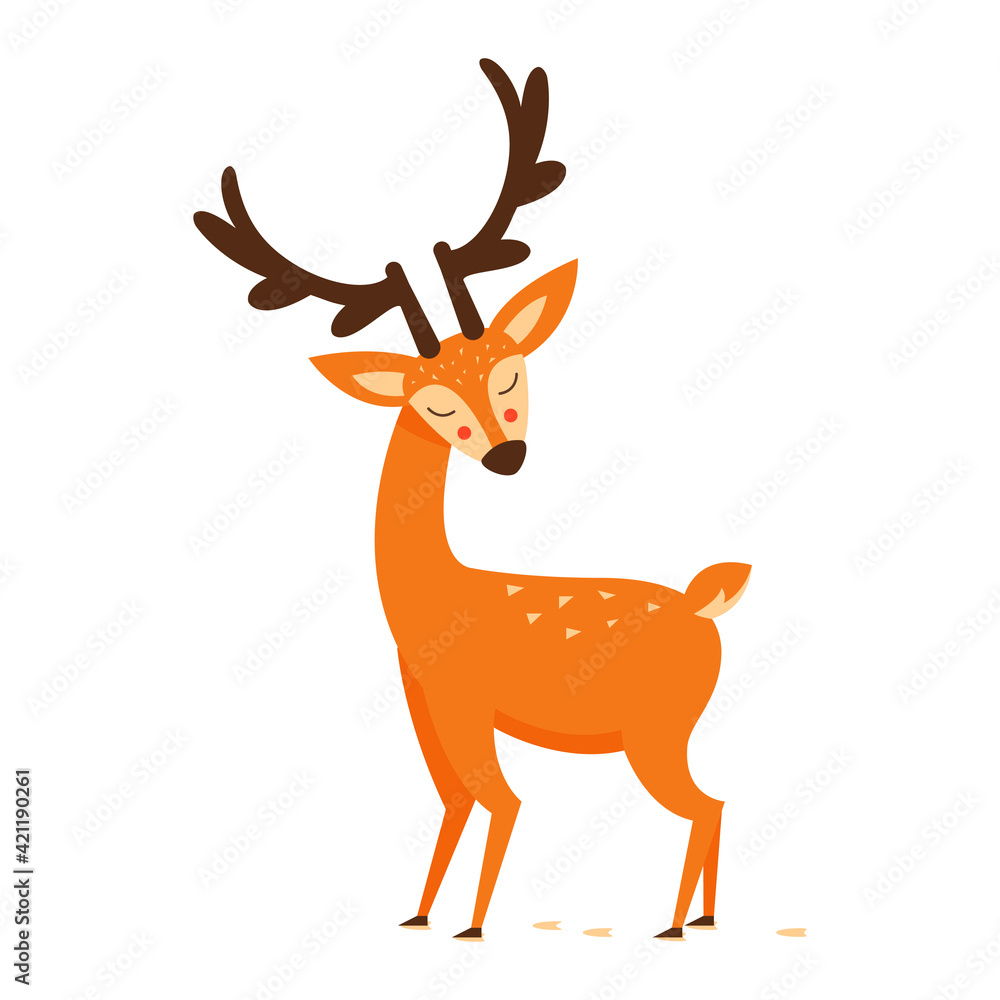 Fototapeta premium Cute deer with antlers, vector illustration. Drawing in a cartoon style