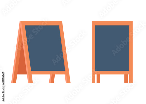 Blank sandwich board, stand, chalkboard for special menu announcement or education. Clean blackboard near pub, cafe, restaurant outdoor or school. Easel for menu on street. Vector black board flat