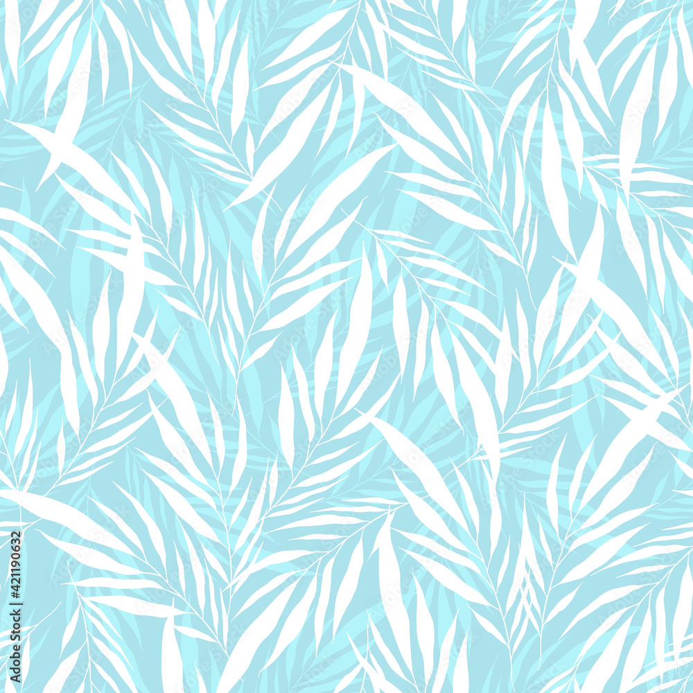 Minimalistic transparent white leaves palm tree on light blue backdrop. Vintage exotic collage tropical plants seamless pattern. Contemporary vector decoration art. Tropic chaos Modern illustration. Minimalistic transparent white leaves palm tree on light blue backdrop. Vintage exotic collage tropical plants seamless pattern. Contemporary vector decoration art. Tropic chaos Modern illustration.