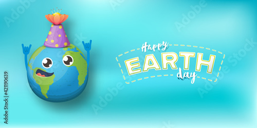 Cartoon earth day horizontal banner with cute smiling earth planet character with funny hat isolated on blue sky background. Eath day concept horizontal design template with funny kawaii earth globe